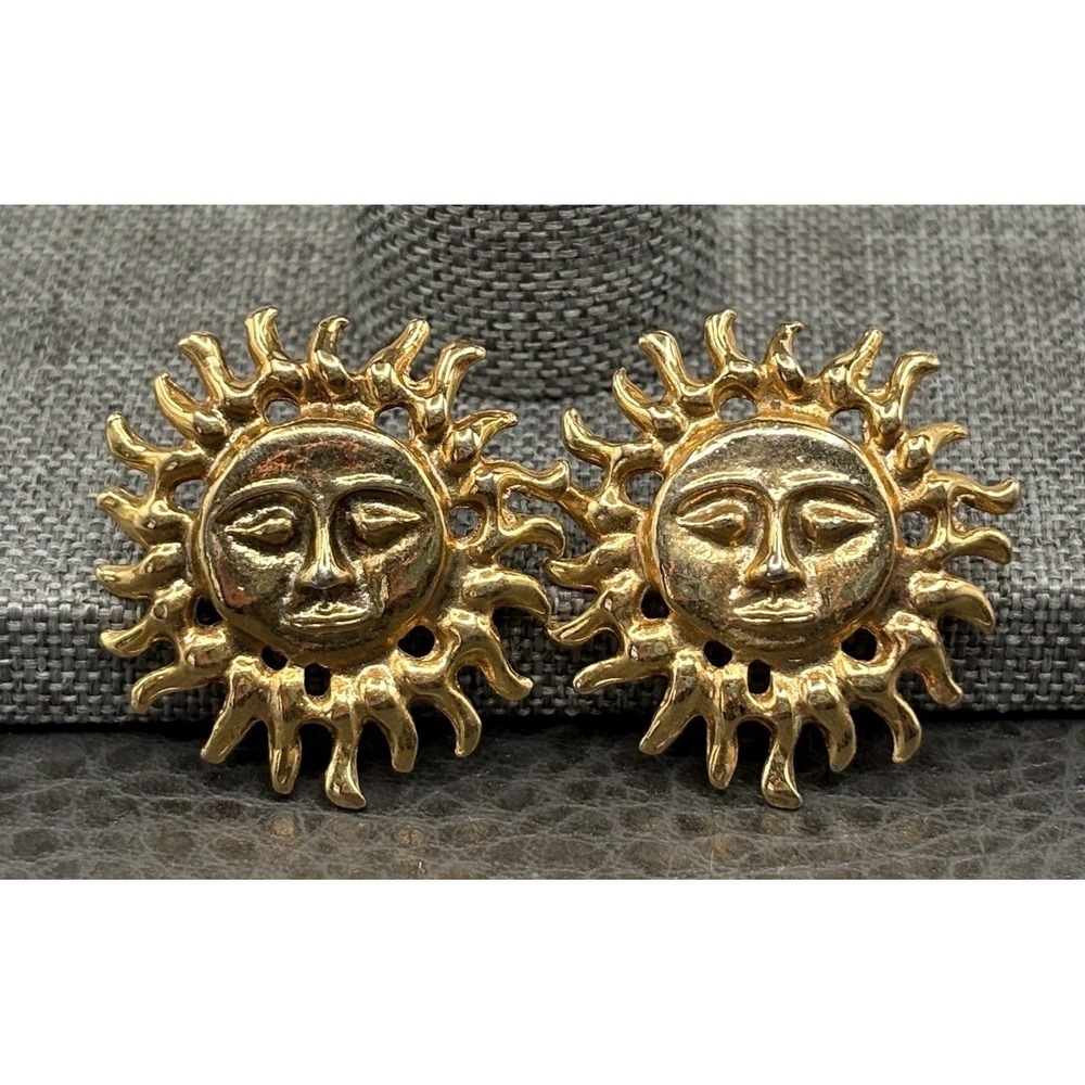 Vintage 80s 90s Sun Face Celestial Pierced Earrings Boho Gold Tone